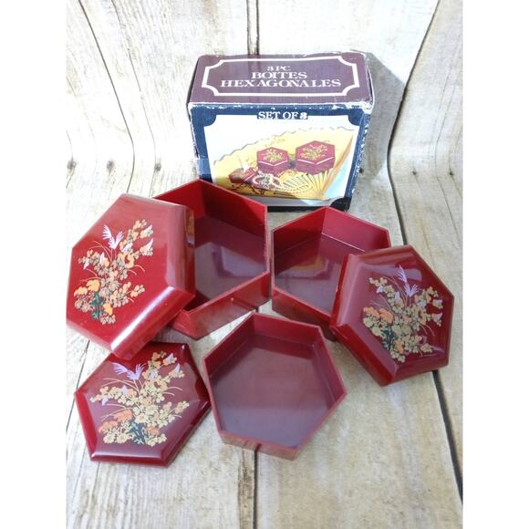 Vtg Trinket Boxes Boites Hexagonales 3 Burgundy Floral Stacking Trinket Boxes - Picture 3 of 5